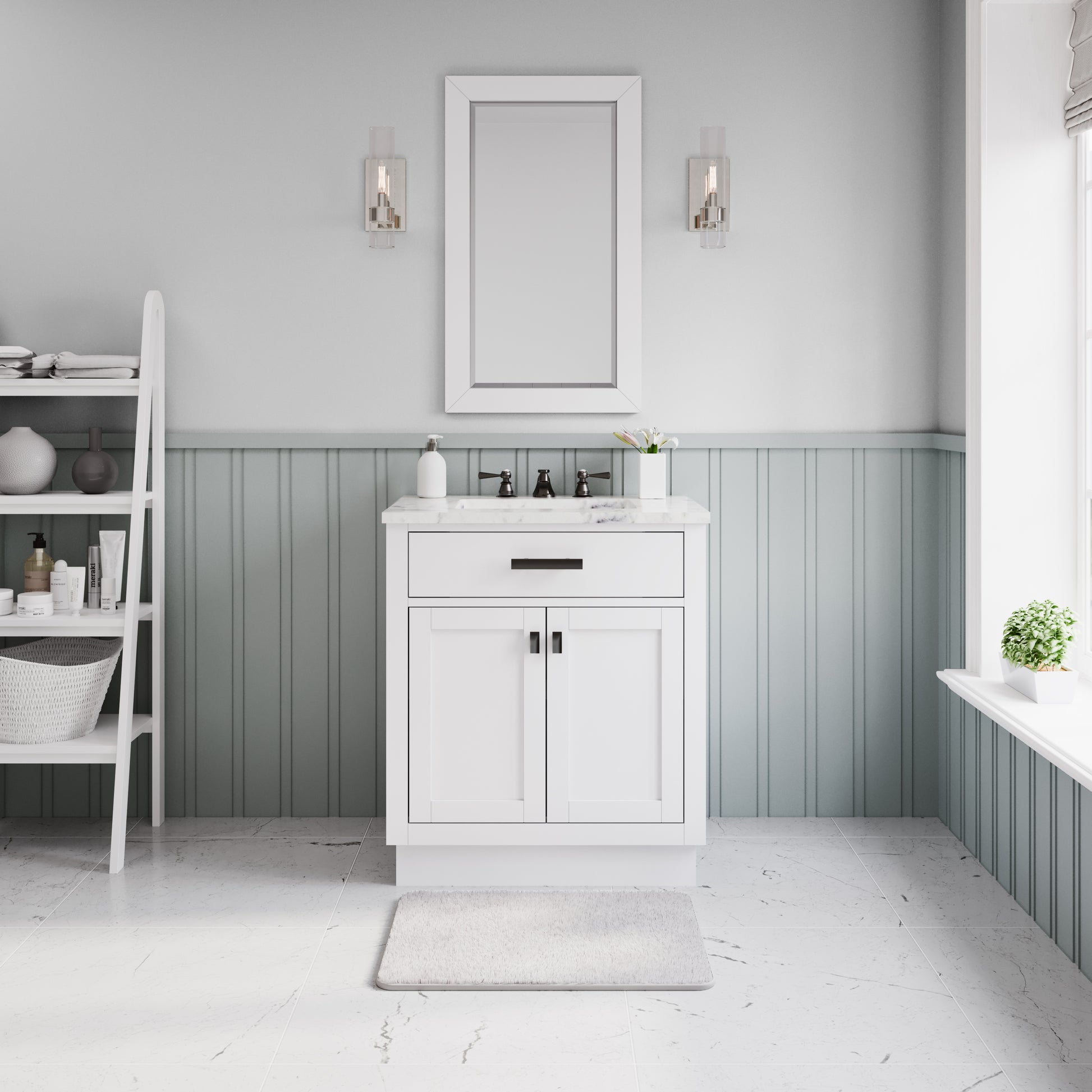 HARTFORD 30"W x 34"H Pure White Single-Sink Vanity with Carrara White Marble Countertop + Rectangular Mirror (S)