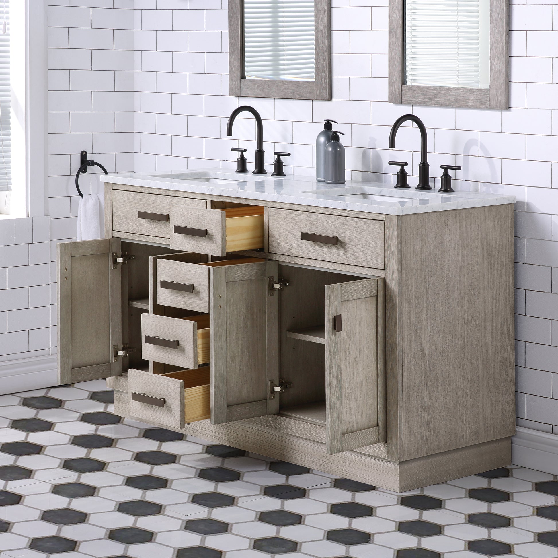 CHESTNUT 60"W x 34.2"H Gray Oak Double-Sink Vanity with Carrara White Marble Countertop + Faucets & Mirrors