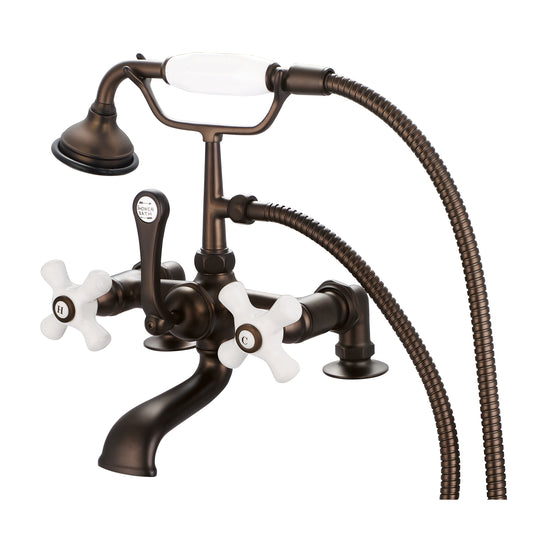 Vintage Classic 7" Spread Deck Mount Tub Faucet With 2" Risers & Handheld Shower in Oil Rubbed Bronze Finish, With Porcelain Cross Handles, Hot And Cold Labels Included