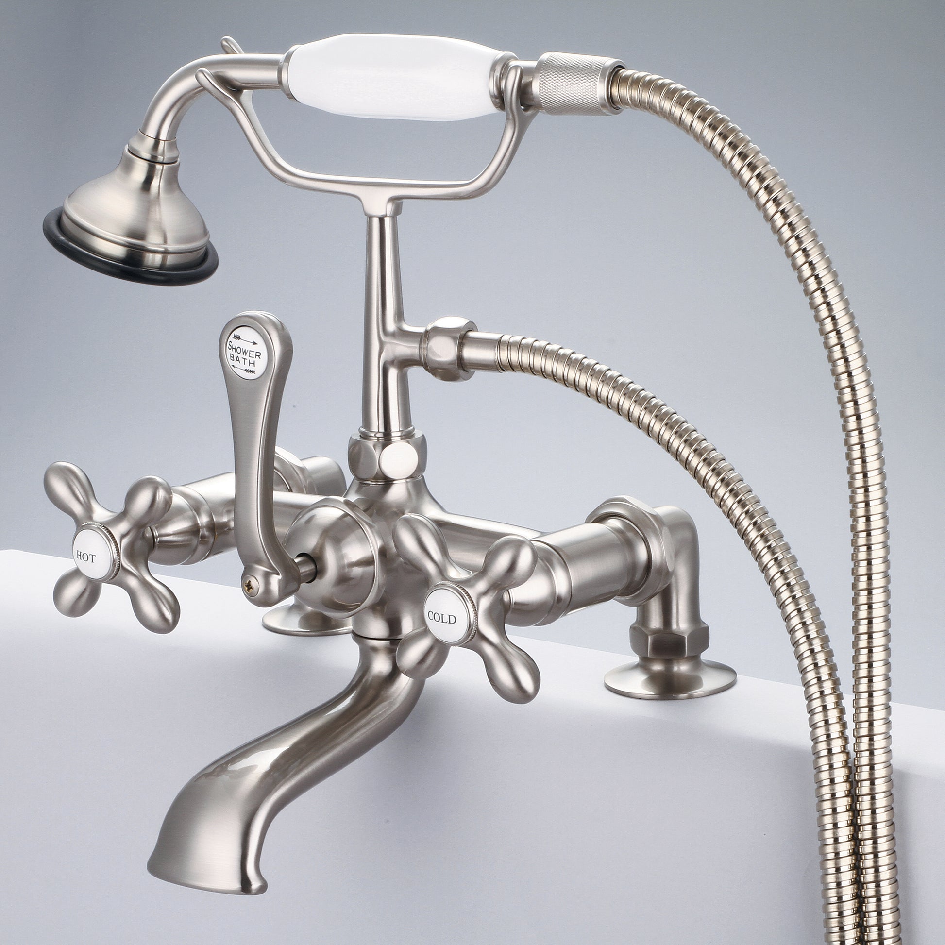 Vintage Classic 7" Spread Deck Mount Tub Faucet With 2" Risers & Handheld Shower in Brushed Nickel Finish, With Metal Lever Handles, Hot And Cold Labels Included