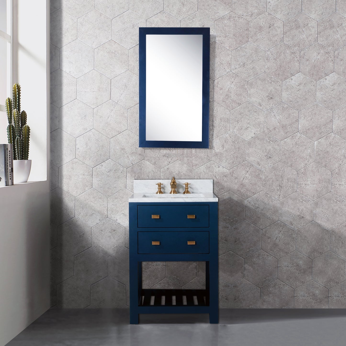 MADALYN 24"W x 34"H Monarch Blue Single-Sink Vanity with Carrara White Marble Countertop + Faucets (F2-0013)