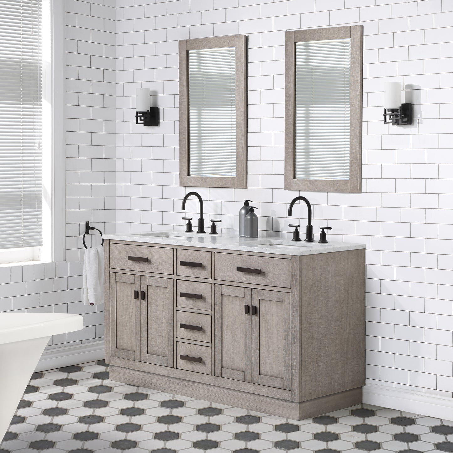 CHESTNUT 60"W x 34.2"H Gray Oak Double-Sink Vanity with Carrara White Marble Countertop + Faucets