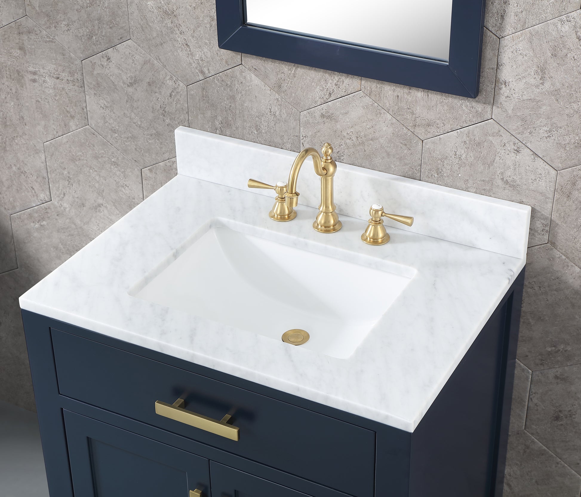 MADISON 30"W x 34"H Monarch Blue Single-Sink Vanity with Carrara White Marble Countertop + Faucets (F2-0012-06-TL)