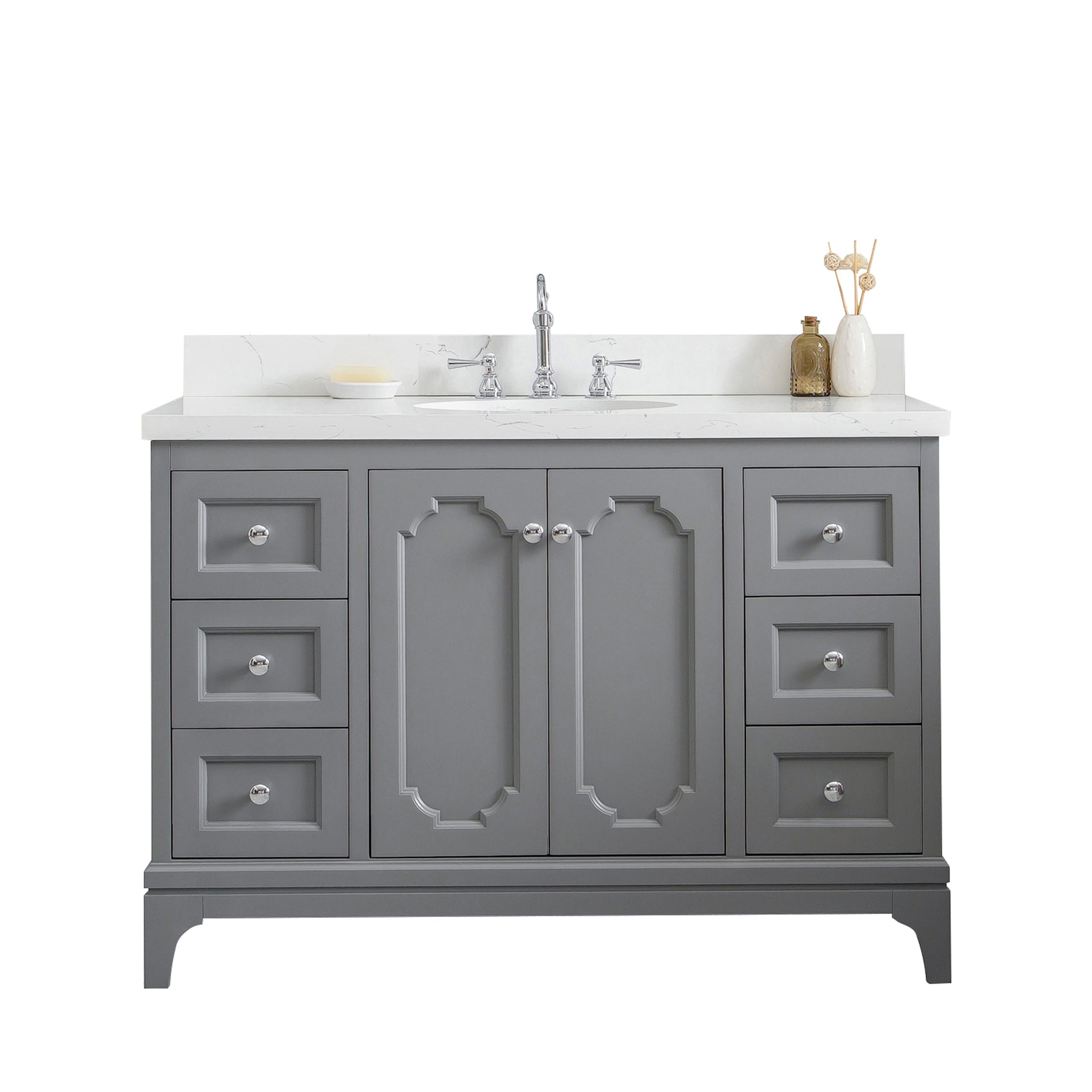 QUEEN 48"W x 34"H Cashmere Gray Single-Sink Vanity with Carrara Quartz Countertop + Faucets (F2-0012-01-TL)