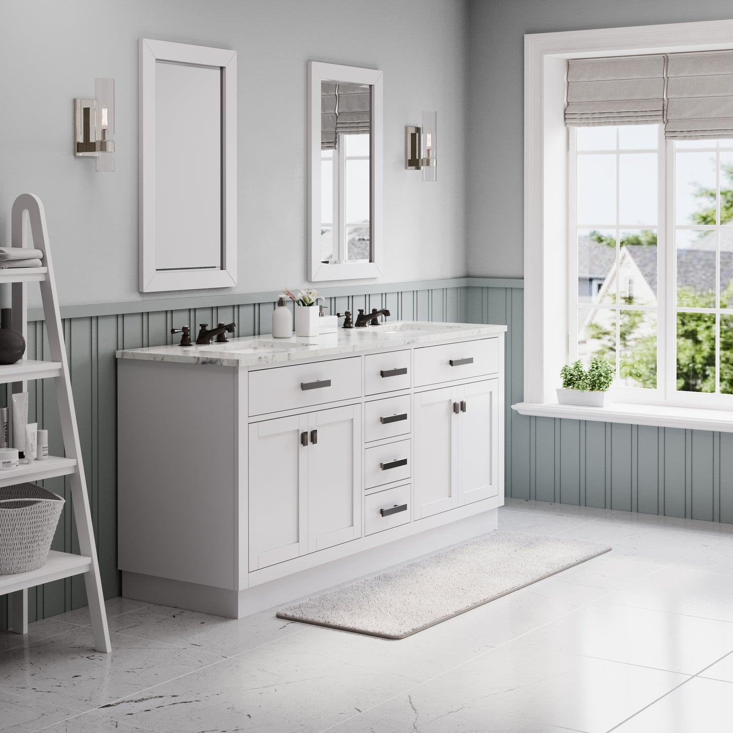 HARTFORD 72"W x 34"H Pure White Double-Sink Vanity with Carrara White Marble Countertop + Rectangular Mirror (S)