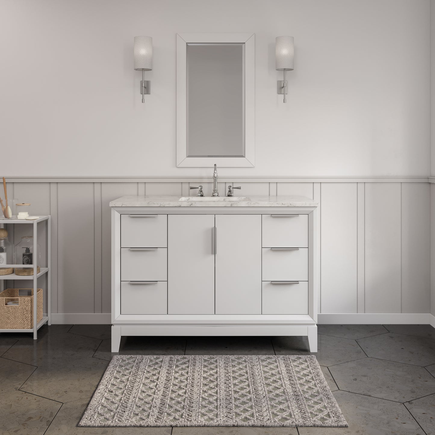 ELIZABETH 48"W x 34.25"H Pure White Single-Sink Vanity with Carrara White Marble Countertop + Faucets (F2-0012-01-TL)