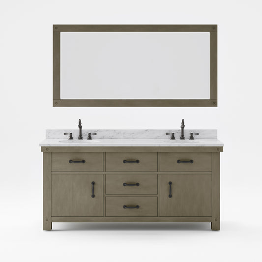 ABERDEEN 72"W x 34"H Grizzle Gray Double-Sink Vanity with Carrara White Marble Countertop + Faucets & Mirror