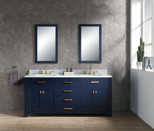 MADISON 72"W x 34"H Monarch Blue Double-Sink Vanity with Carrara White Marble Countertop + Faucets & Mirror (F2-0012-06-TL)