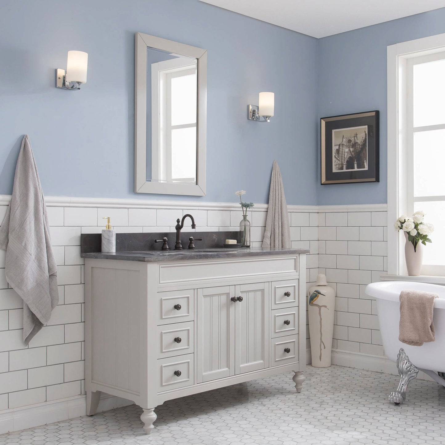 POTENZA 48"W x 34"H Earl Gray Vanity with Blue Limestone Countertop + Faucets B & Mirror