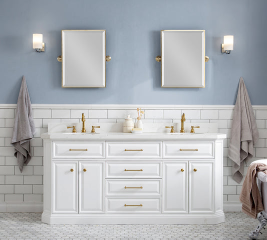 PALACE 72"W x 34"H Pure White Vanity with Carrara Quartz Countertop + Faucets & Mirrors (F2-0012), Satin Gold Finish Hardware & Chrome Finish Mirror (A)