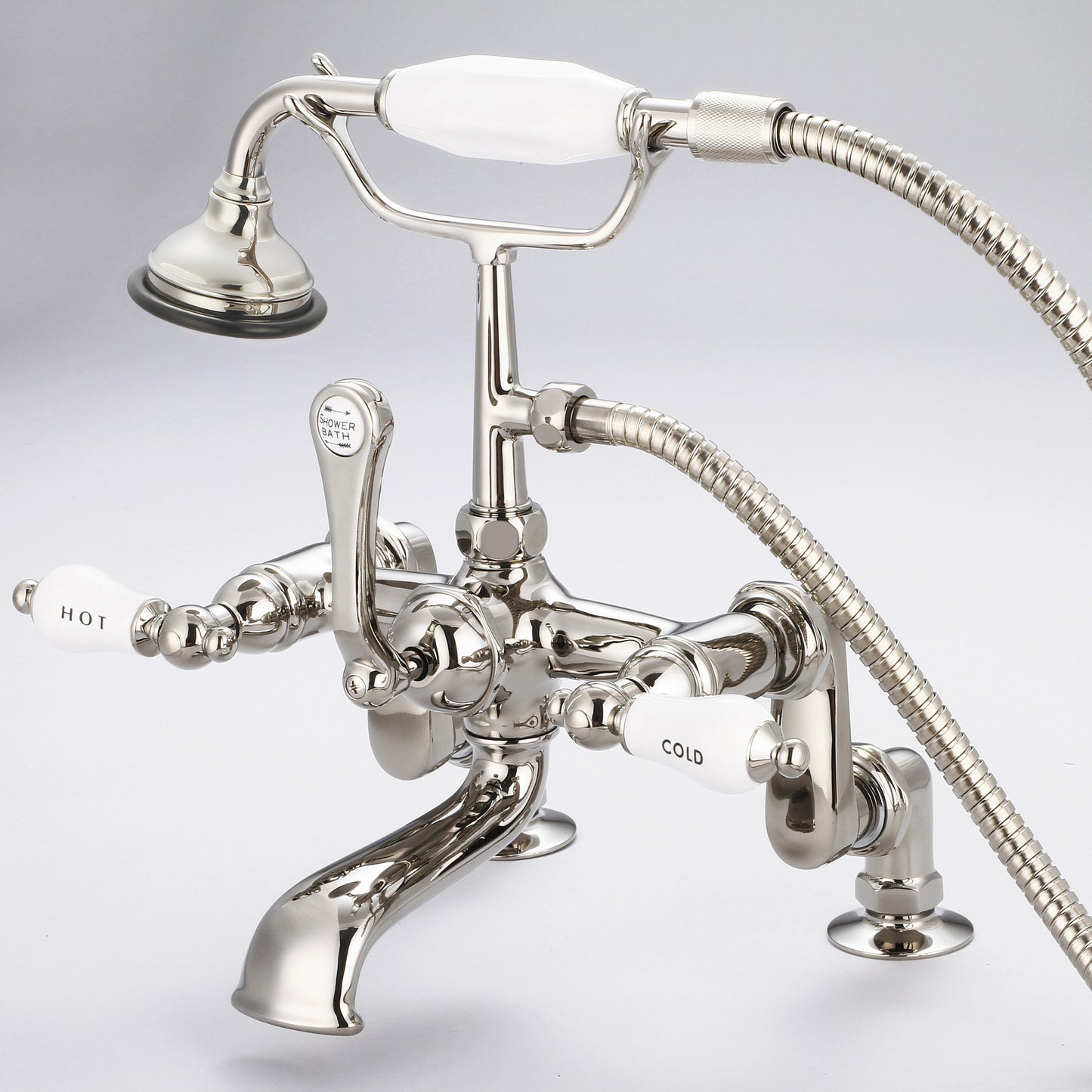 Vintage Classic Adjustable Center Deck Mount Tub Faucet With Handheld Shower in Polished Nickel Finish, With Porcelain Lever Handles, Hot And Cold Labels Included