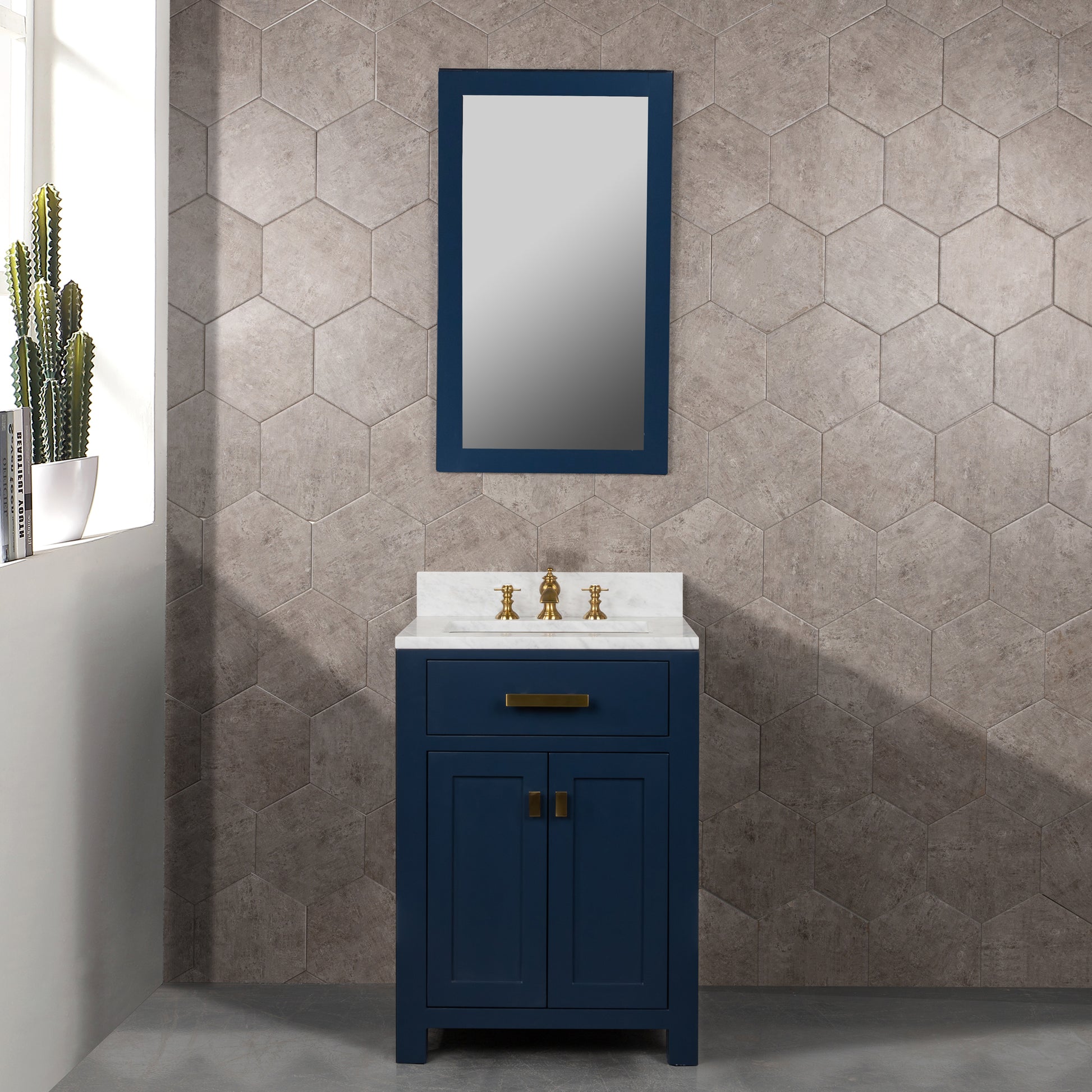 MADISON 24"W x 34"H Monarch Blue Single-Sink Vanity with Carrara White Marble Countertop + Faucets & Mirror (F2-0013-06-FX)