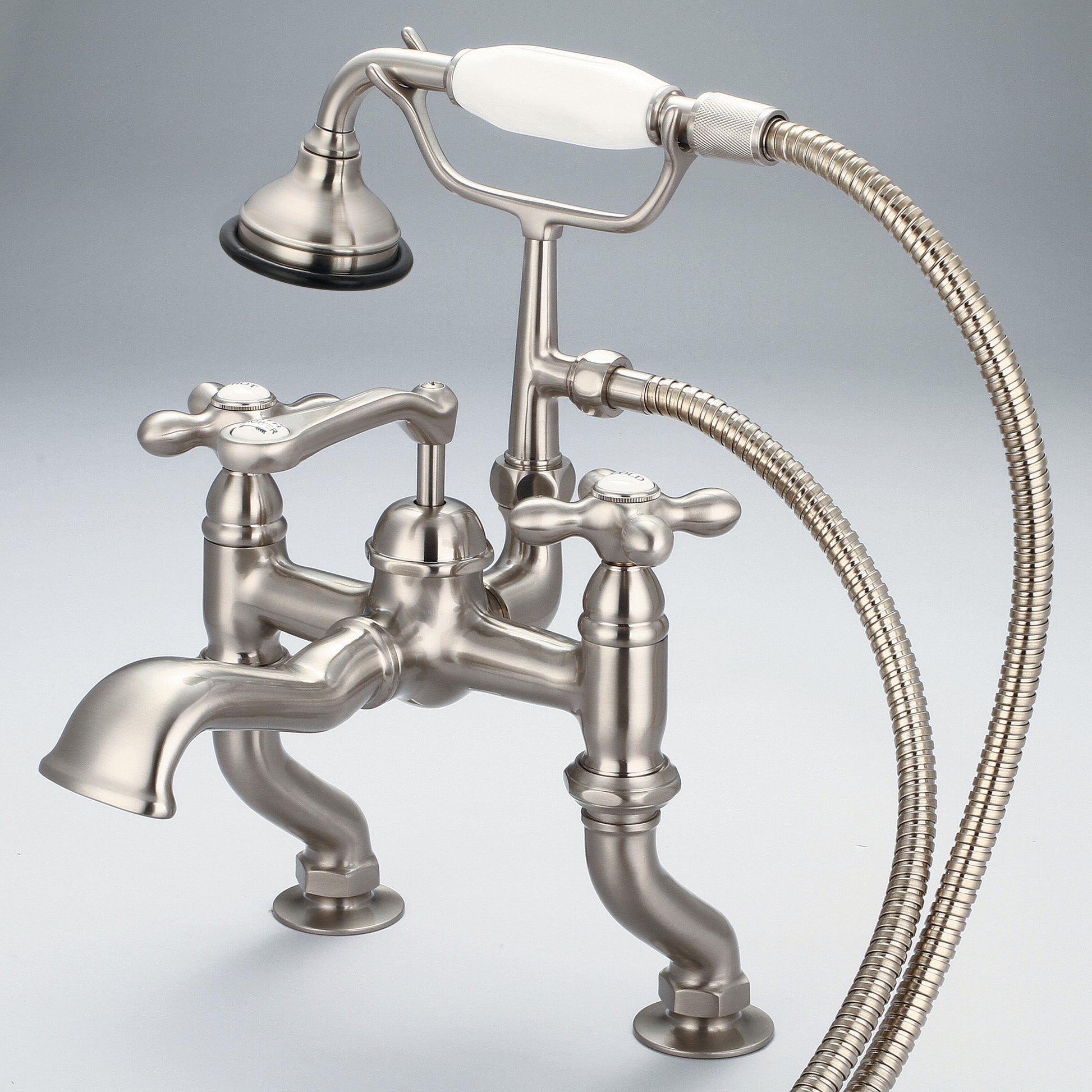 Vintage Classic Adjustable Center Deck Mount Tub Faucet With Handheld Shower in Brushed Nickel Finish, With Metal Lever Handles, Hot And Cold Labels Included