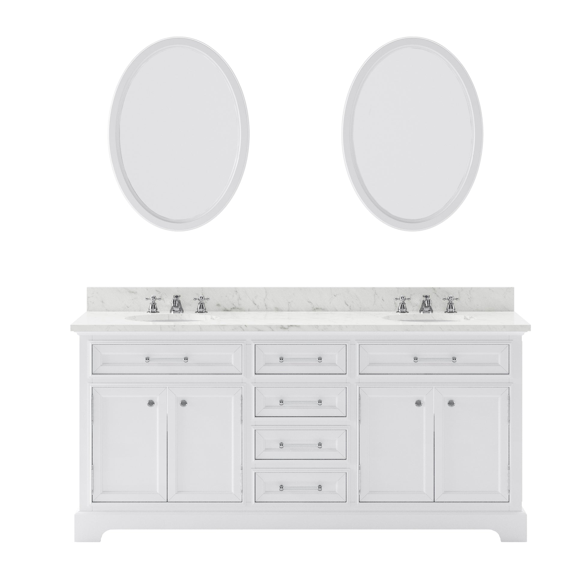 DERBY 72"W x 34"H Pure White Double-Sink Vanity with Carrara White Marble Countertop + Faucets & Mirrors