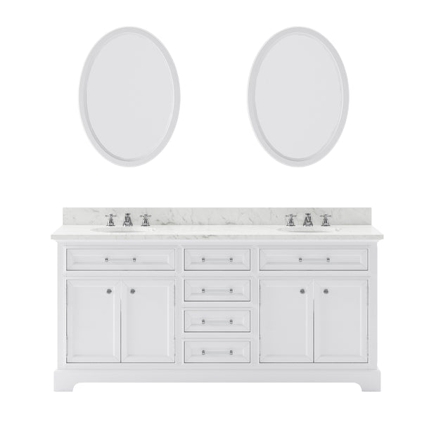 DERBY 72W x 34H Pure White Double-Sink Vanity with Carrara White Marble Countertop + Faucets & Mirrors