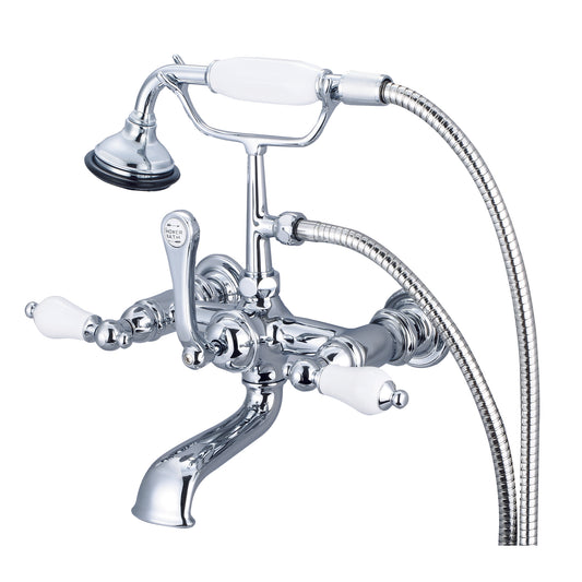 Vintage Classic 7" Spread Wall Mount Tub Faucet With Straight Wall Connector & Handheld Shower in Chrome Finish, With Porcelain Lever Handles Without labels