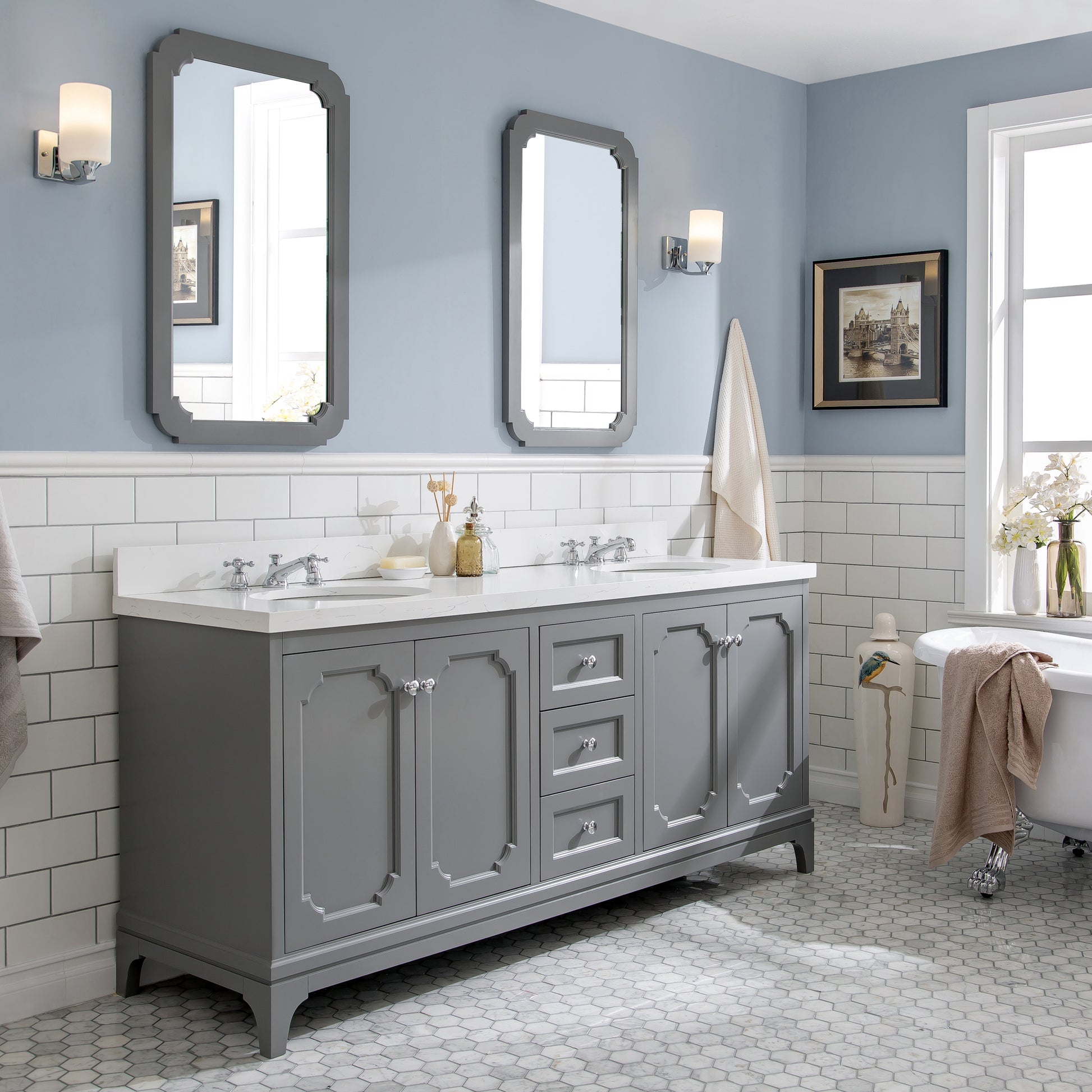 QUEEN 72"W x 34"H Cashmere Gray Double-Sink Vanity with Carrara Quartz Countertop + Faucets (F2-0009-01-BX)