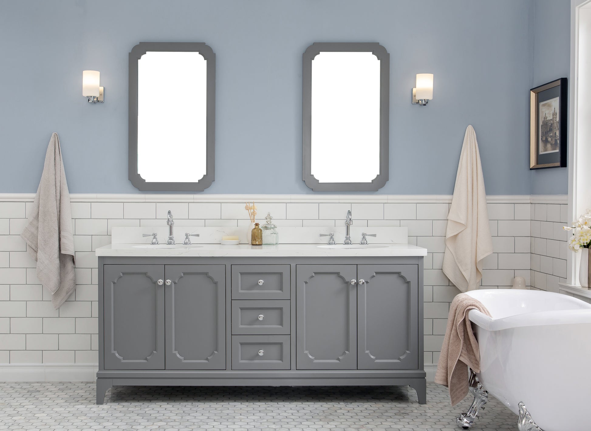 QUEEN 72"W x 34"H Cashmere Gray Double-Sink Vanity with Carrara Quartz Countertop + Faucets & Mirror (F2-0012-01-TL)