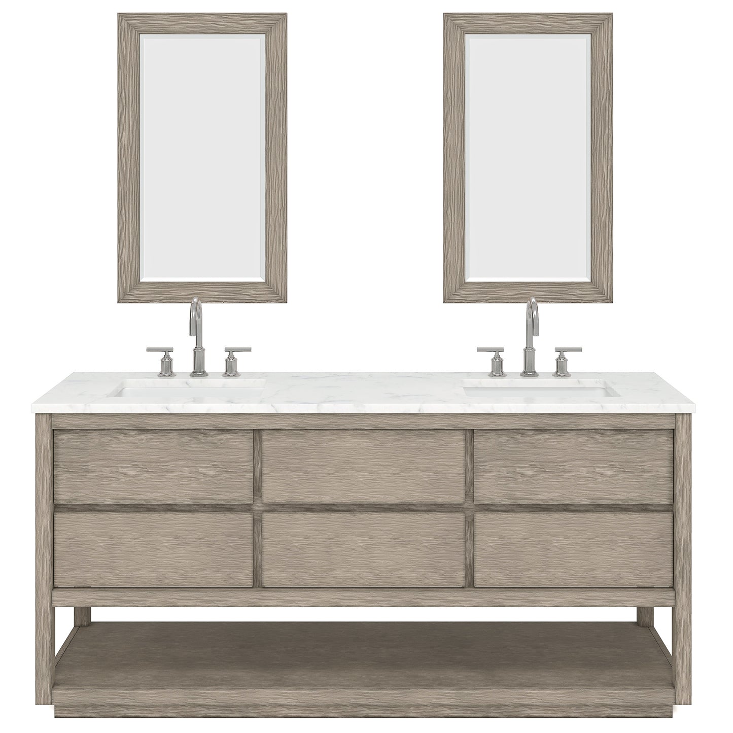 OAKMAN 72"W x 34.3"H Gray Oak Double-Sink Vanity with Carrara White Marble Countertop + Chrome Faucets and Rectangular Mirrors