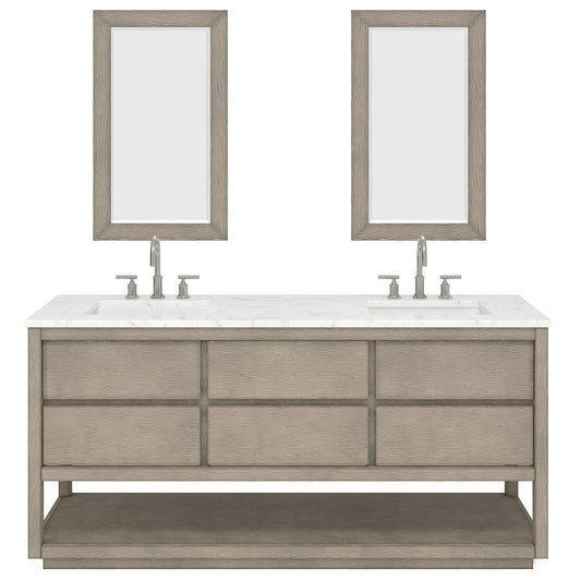 OAKMAN 72"W x 34.3"H Gray Oak Double-Sink Vanity with Carrara White Marble Countertop + Chrome Faucets and Rectangular Mirrors