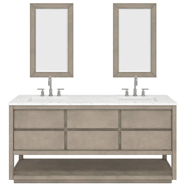 OAKMAN 72W x 34.3H Gray Oak Double-Sink Vanity with Carrara White Marble Countertop + Chrome Faucets and Rectangular Mirrors