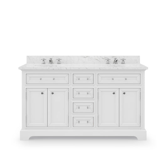 DERBY 60"W x 34"H Pure White Double-Sink Vanity with Carrara White Marble Countertop