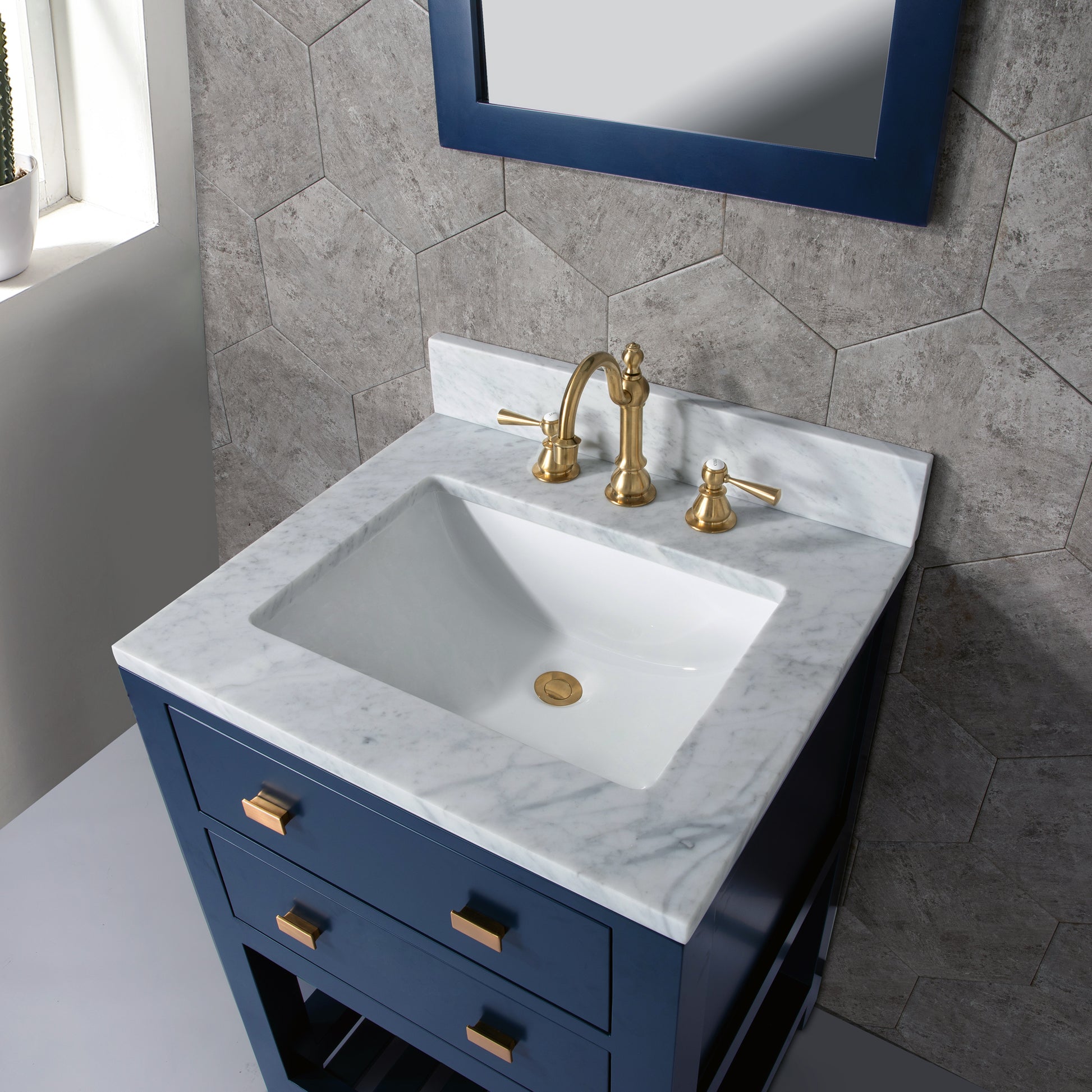 MADALYN 24"W x 34"H Monarch Blue Single-Sink Vanity with Carrara White Marble Countertop + Faucets & Mirror (F2-0012)