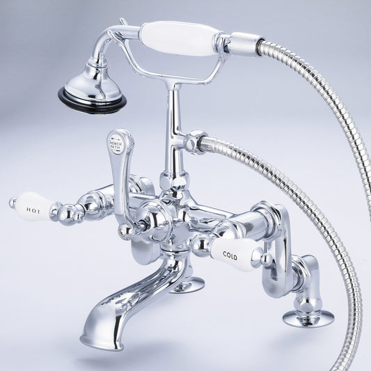 Vintage Classic Adjustable Center Deck Mount Tub Faucet With Handheld Shower in Chrome Finish, With Porcelain Lever Handles, Hot And Cold Labels Included