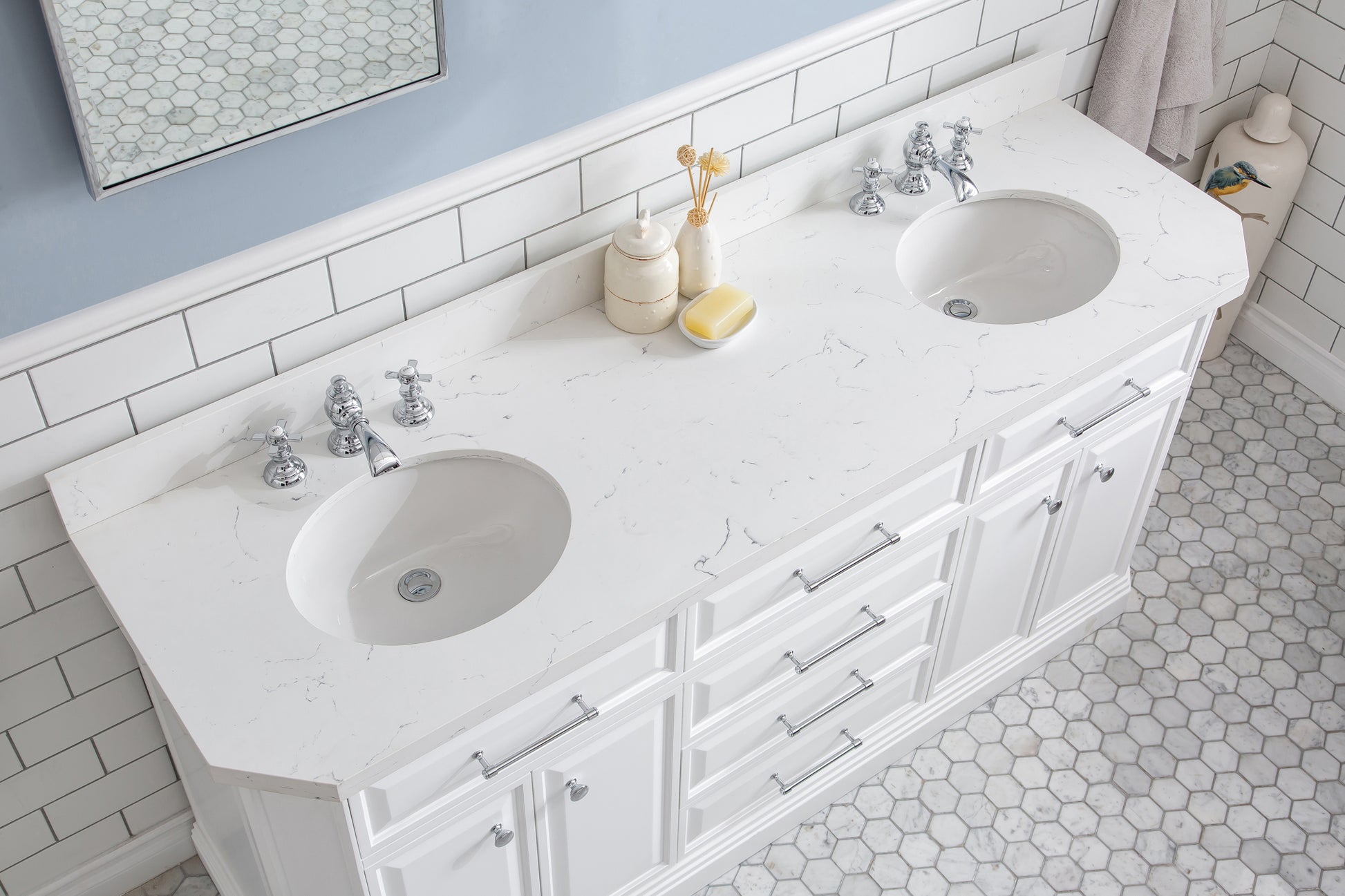 PALACE 72"W x 34"H Pure White Vanity with Carrara Quartz Countertop + Faucets (F2-0013), Chrome Finish Hardware