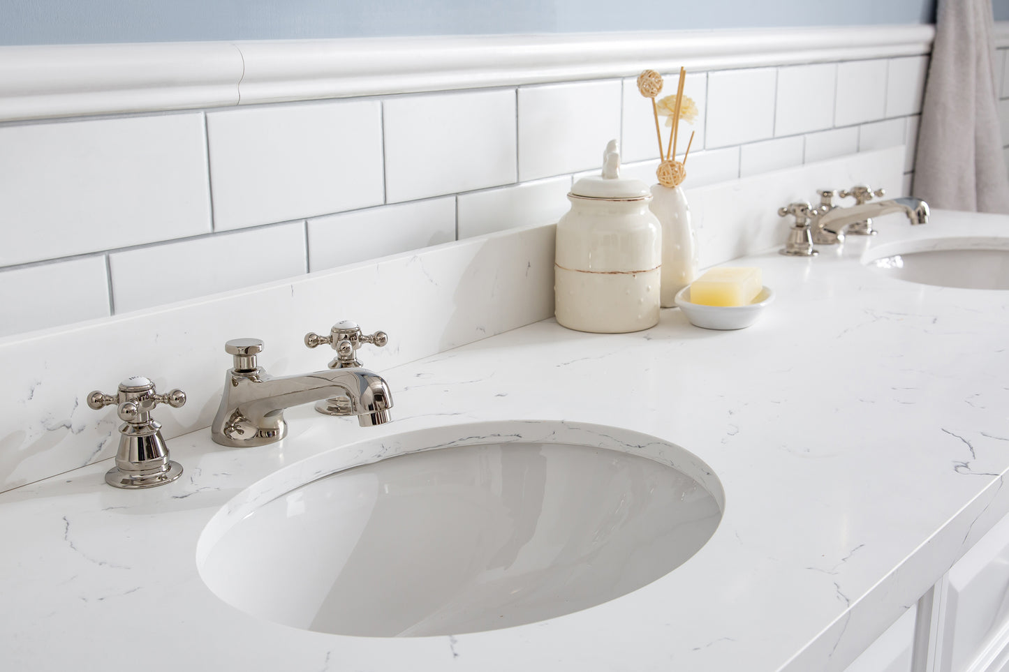 PALACE 72"W x 34"H Pure White Vanity with Carrara Quartz Countertop + Faucets (F2-0009), Polished Nickel Finish Hardware