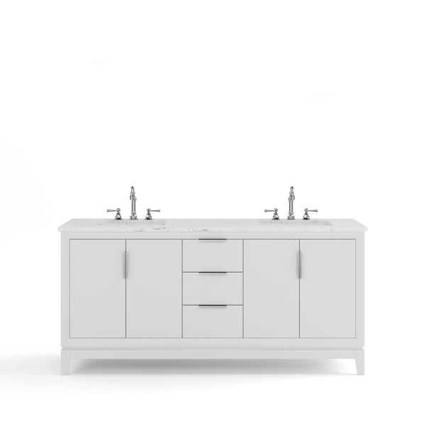 ELIZABETH 72W x 34.25H Pure White Double-Sink Vanity with Carrara White Marble Countertop + Faucets (F2-0012-01-TL)