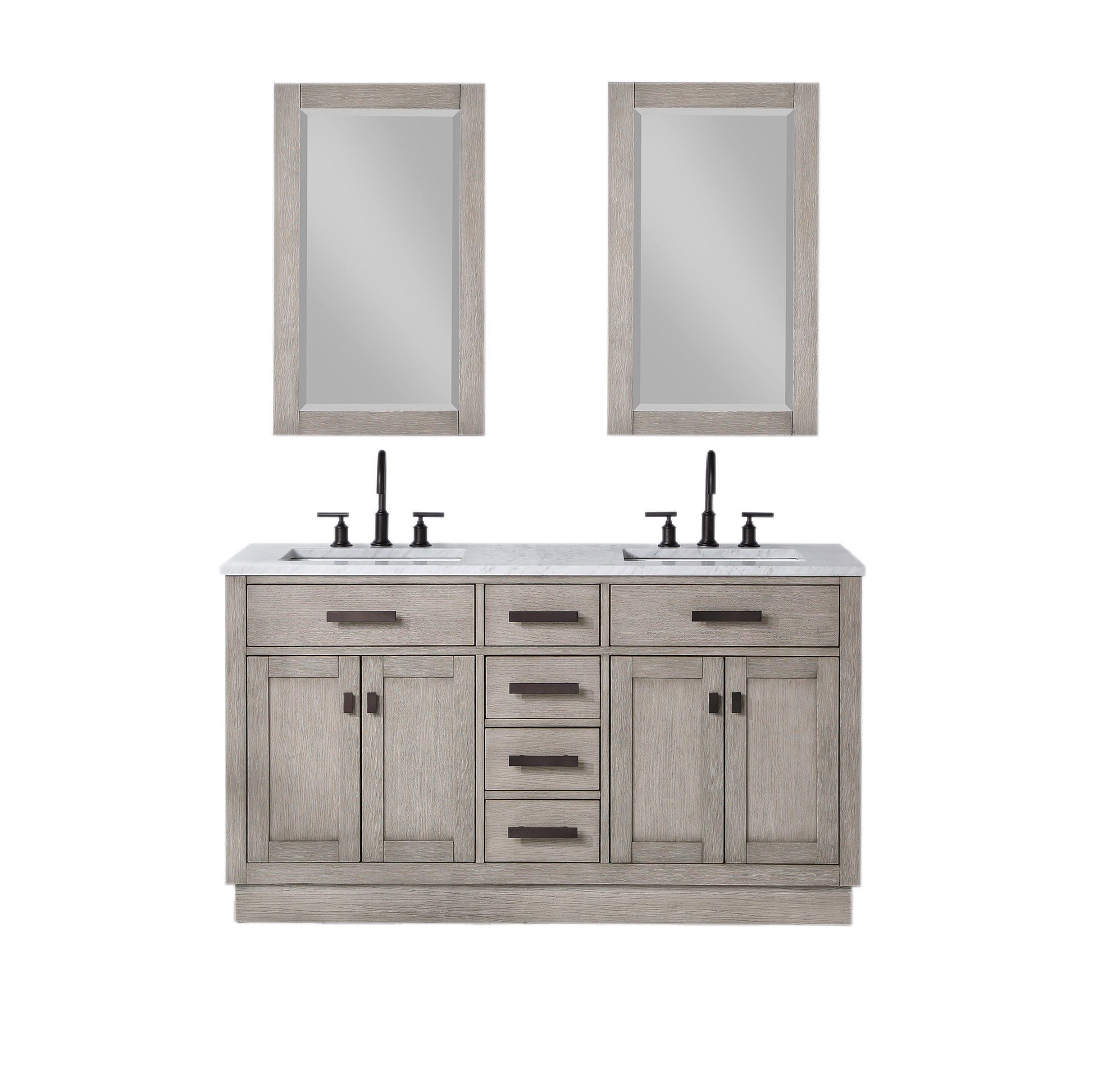 CHESTNUT 60"W x 34.2"H Gray Oak Double-Sink Vanity with Carrara White Marble Countertop + Mirrors