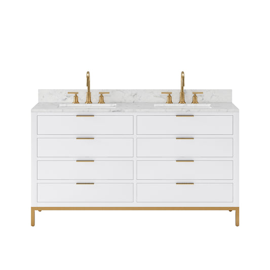 BRISTOL 60"W x 34"H Pure White Double-Sink Vanity with Carrara White Marble Countertop + Satin Gold Gooseneck Faucets