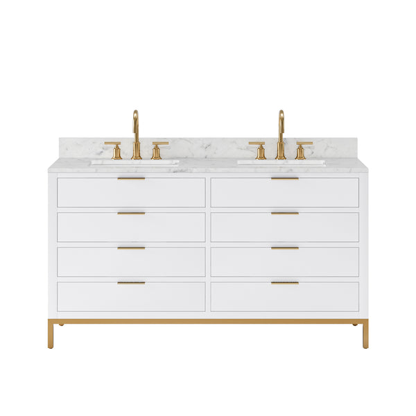 BRISTOL 60W x 34H Pure White Double-Sink Vanity with Carrara White Marble Countertop + Satin Gold Gooseneck Faucets