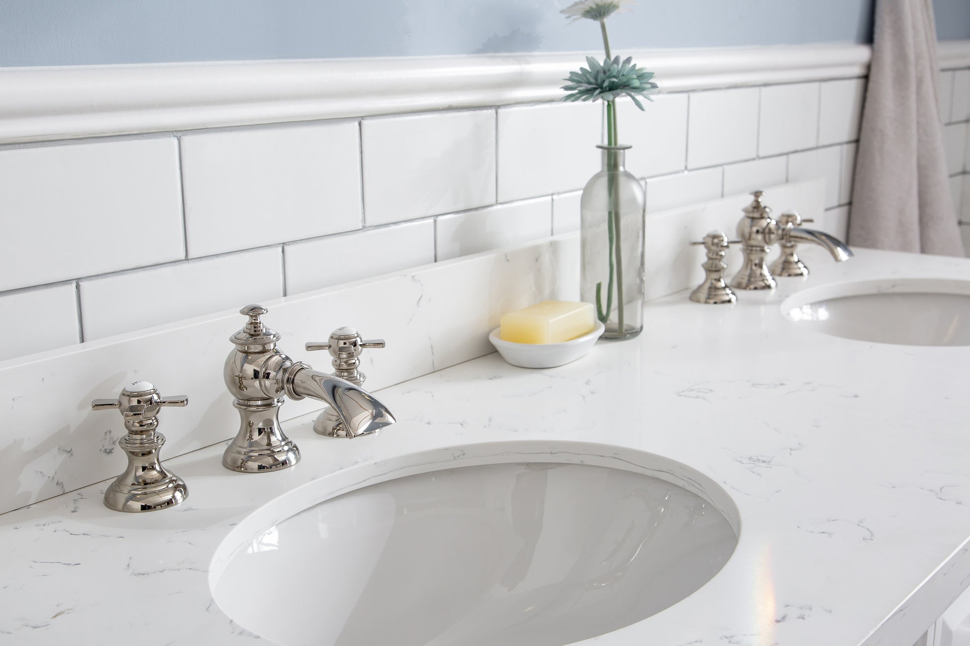 PALACE 60"W x 34"H Pure White Vanity with Carrara Quartz Countertop + Faucets (F2-0013), Polished Nickel Finish Hardware