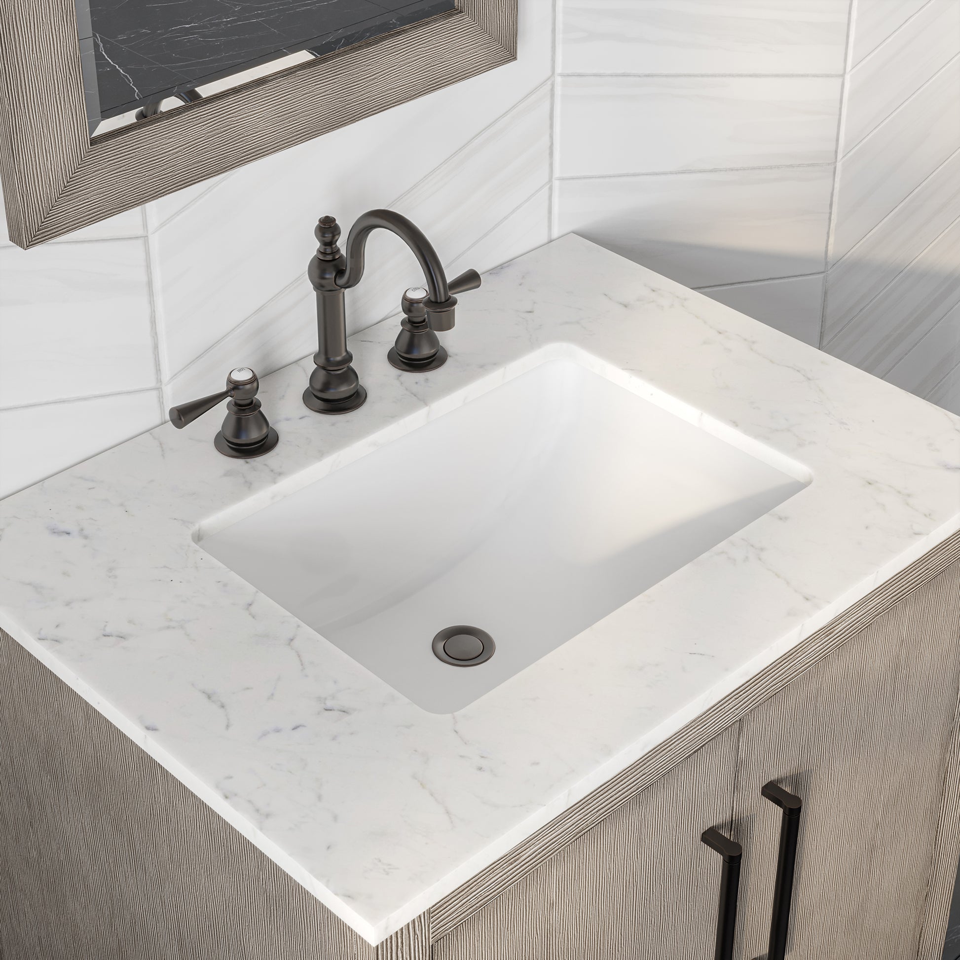 HUGO 30"W x 34.3"H Gray Oak Single-Sink Vanity with Carrara White Marble Countertop + Hook Faucet and Mirror