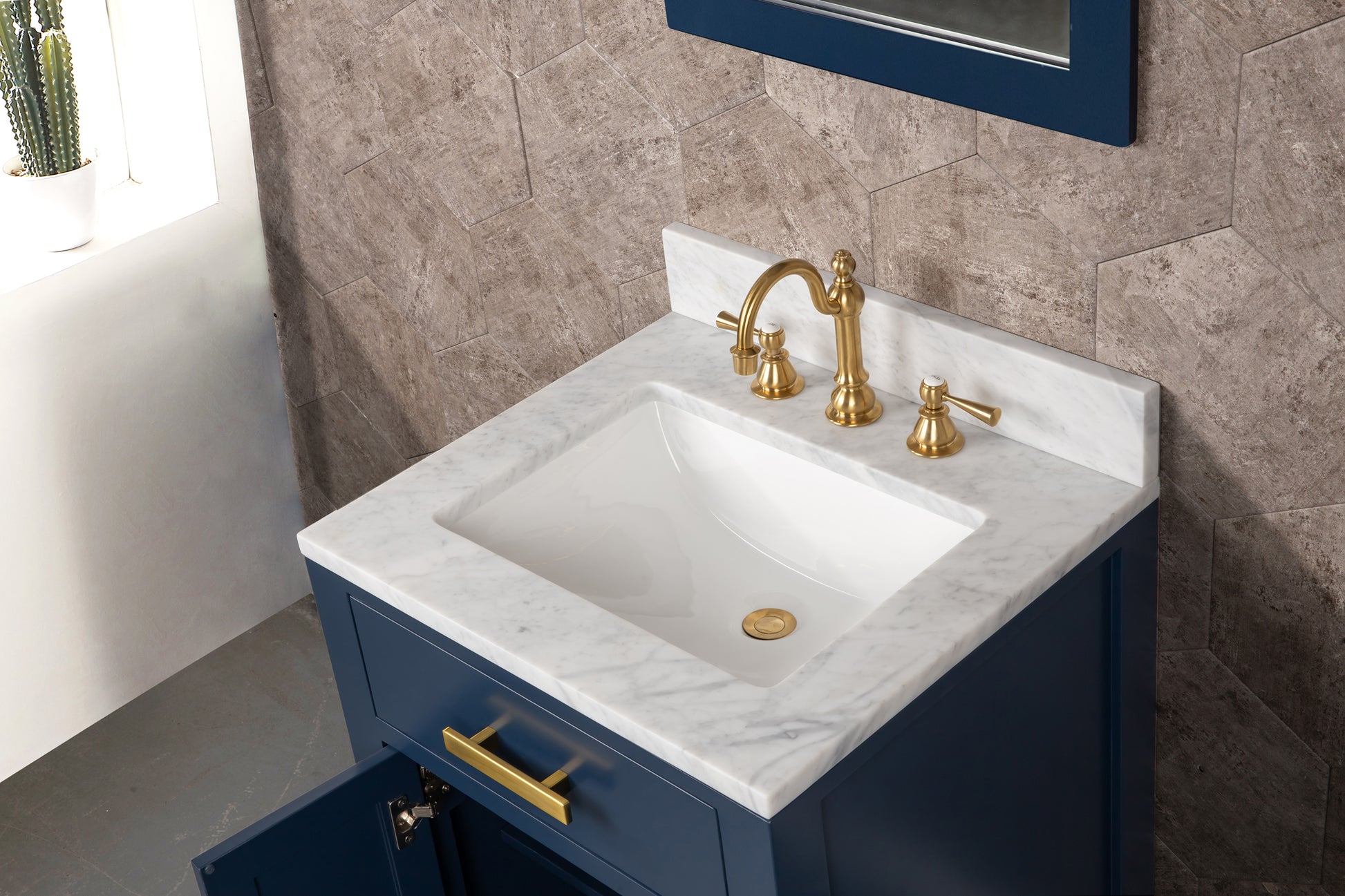 MADISON 24"W x 34"H Monarch Blue Single-Sink Vanity with Carrara White Marble Countertop + Faucets & Mirror (F2-0012-06-TL)