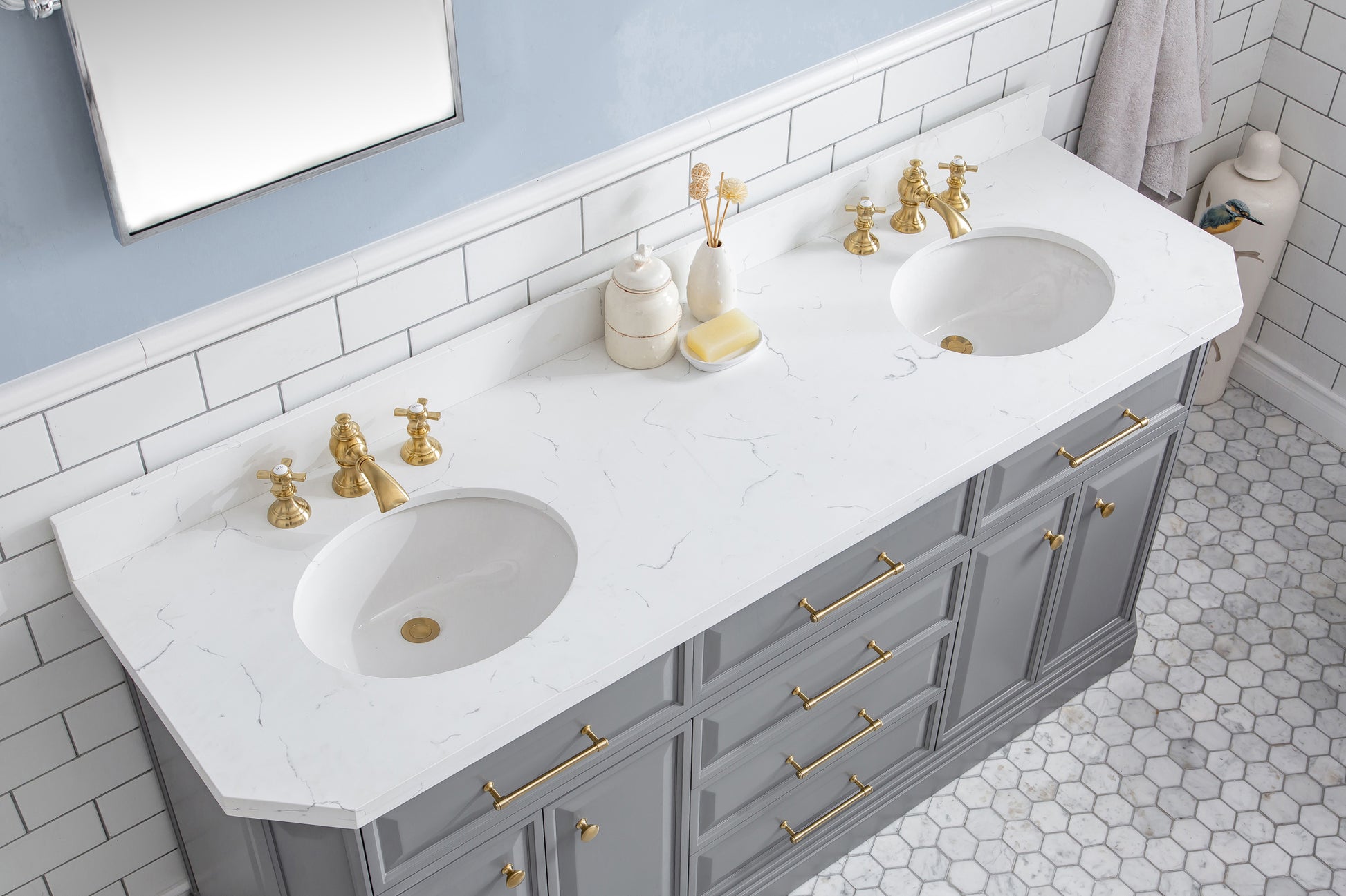 PALACE 72"W x 34"H Cashmere Gray Vanity with Carrara Quartz Countertop + Faucets & Mirrors (F2-0013), Satin Gold Finish Hardware & Chrome Finish Mirror (A)