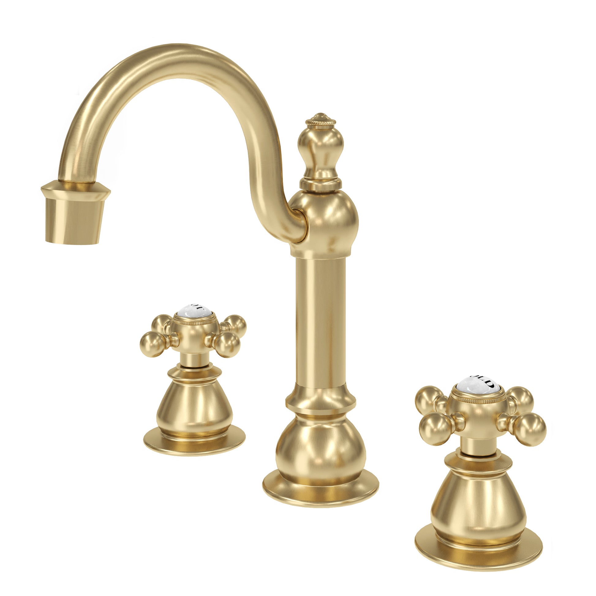 American 20th Century Classic Widespread Bathroom F2-0012 Faucets With Pop-Up Drain in Satin Gold Finish, With Metal Lever Handles, Hot And Cold Labels Included