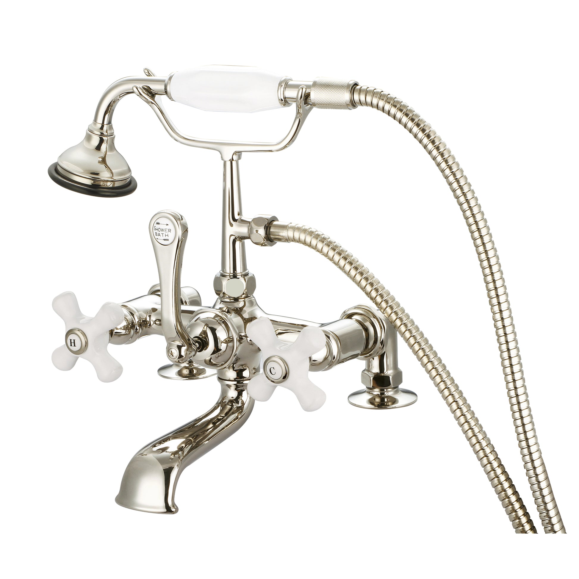 Vintage Classic 7" Spread Deck Mount Tub Faucet With 2" Risers & Handheld Shower in Polished Nickel Finish, With Porcelain Cross Handles, Hot And Cold Labels Included