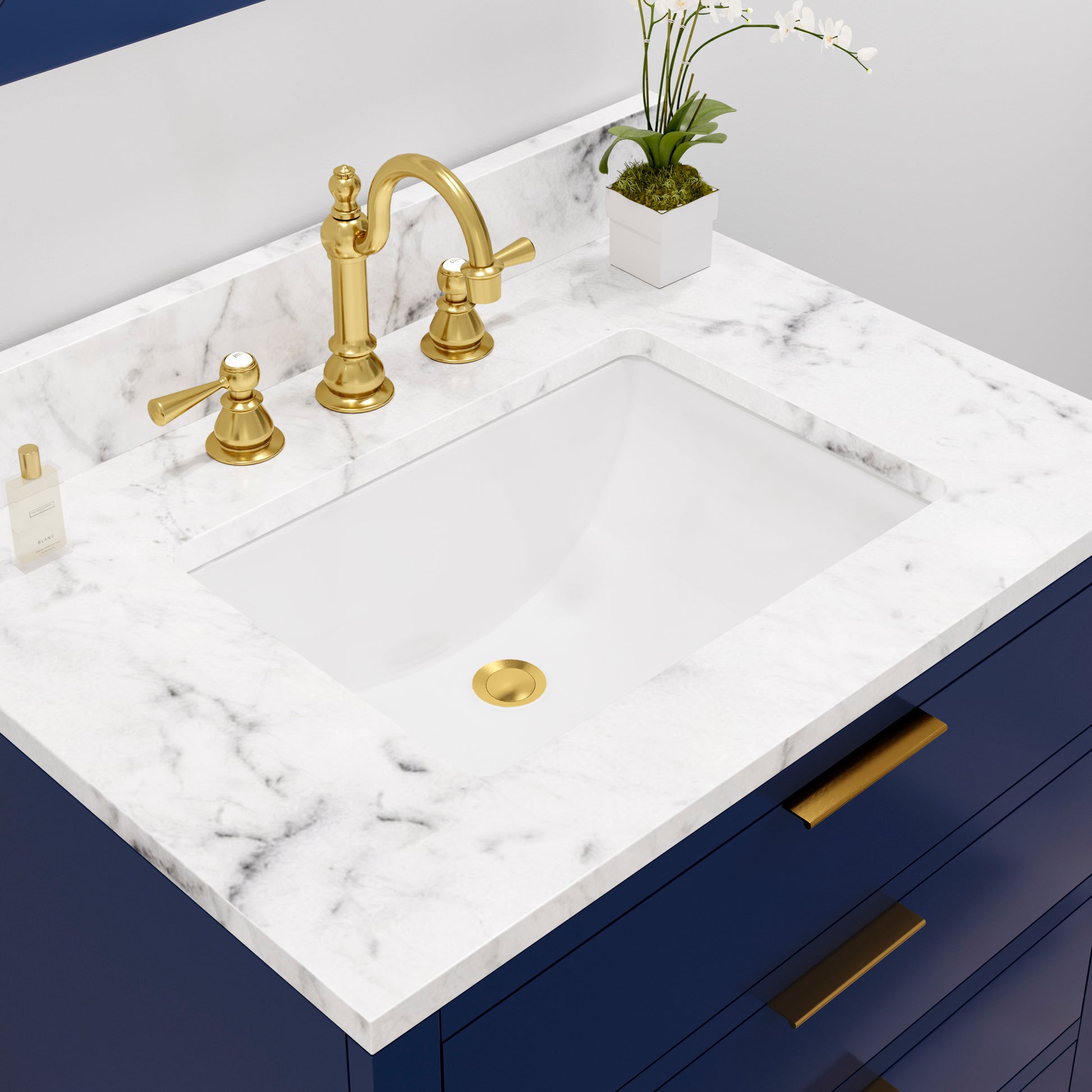 BRISTOL 30"W x 34"H Monarch Blue Single-Sink Vanity with Carrara White Marble Countertop + Satin Gold Hook Faucet and Rectangular Mirror (S)