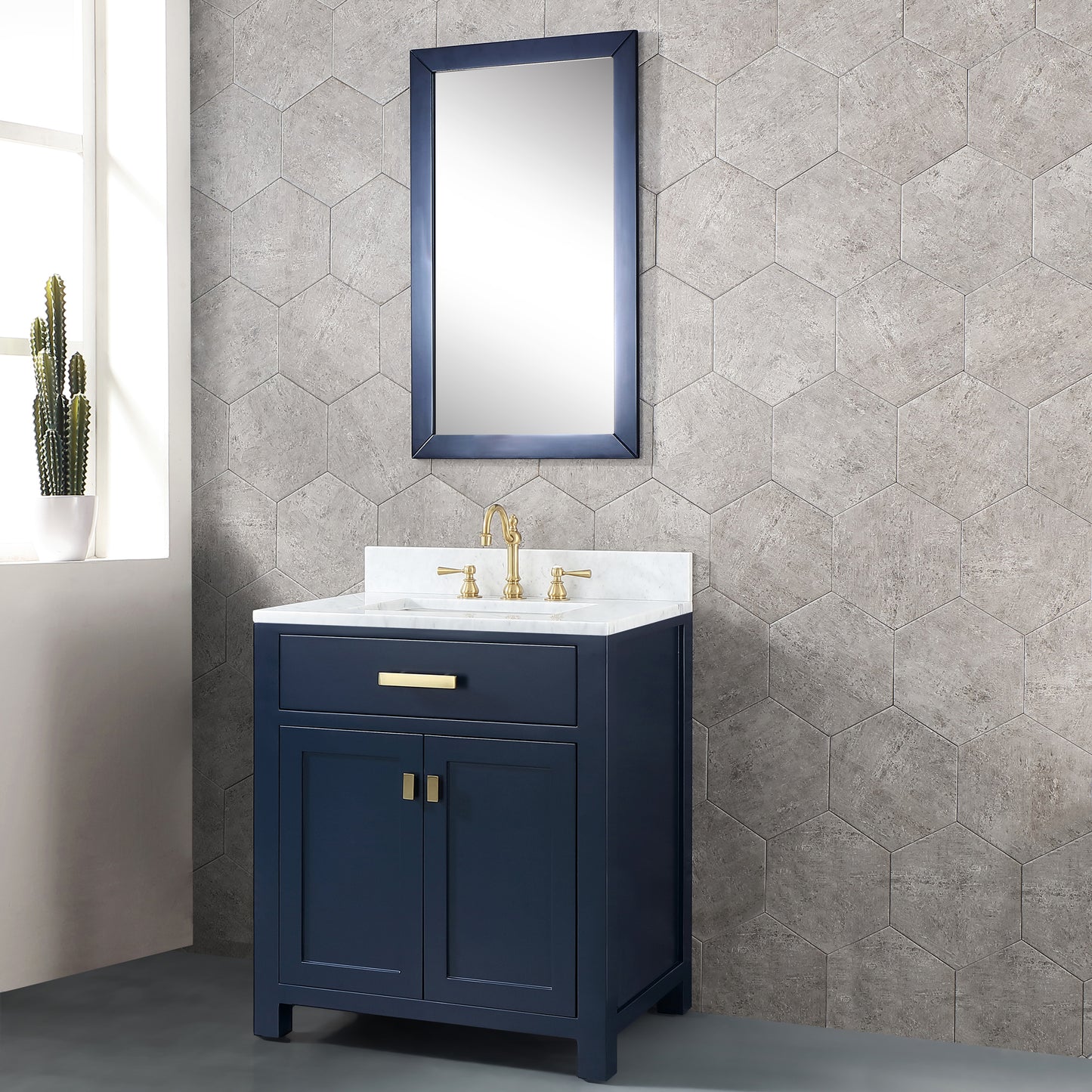 MADISON 30"W x 34"H Monarch Blue Single-Sink Vanity with Carrara White Marble Countertop + Faucets & Mirror (F2-0012-06-TL)