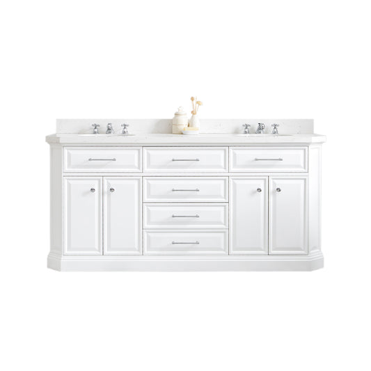 PALACE 72"W x 34"H Pure White Vanity with Carrara Quartz Countertop + Faucets (F2-0009), Chrome Finish Hardware