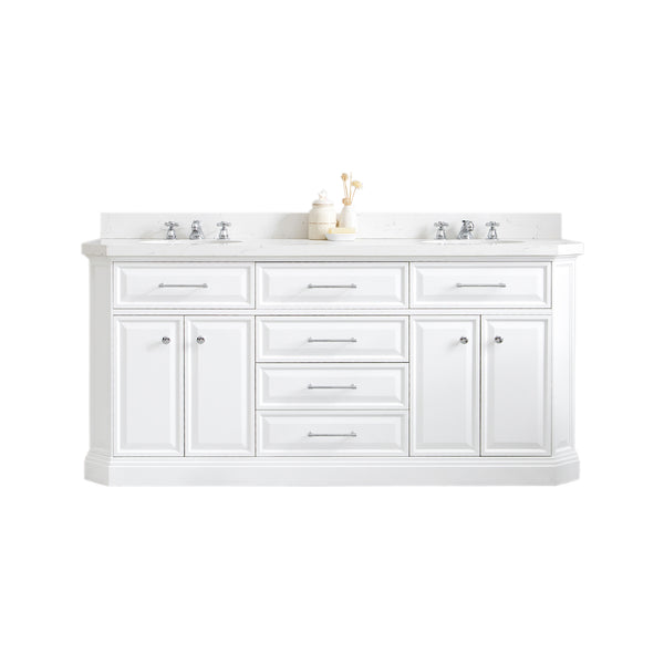 PALACE 72W x 34H Pure White Vanity with Carrara Quartz Countertop + Faucets (F2-0009), Chrome Finish Hardware