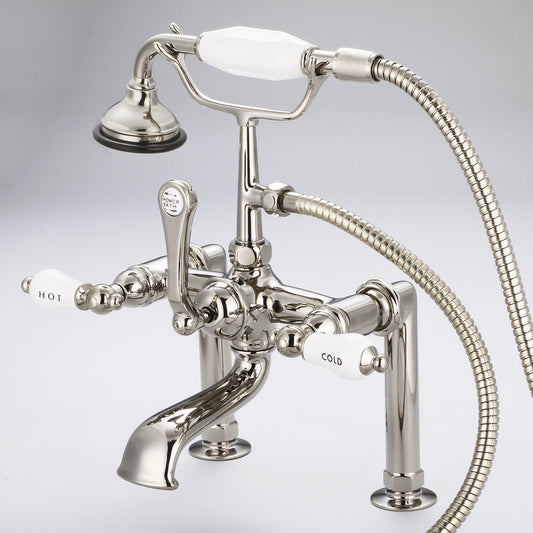 Vintage Classic 7" Spread Deck Mount Tub Faucet With 6" Risers & Handheld Shower in Polished Nickel Finish, With Porcelain Lever Handles, Hot And Cold Labels Included