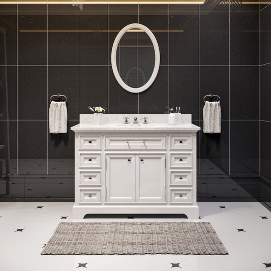 DERBY 48"W x 34"H Pure White Single-Sink Vanity with Carrara White Marble Countertop + Mirror