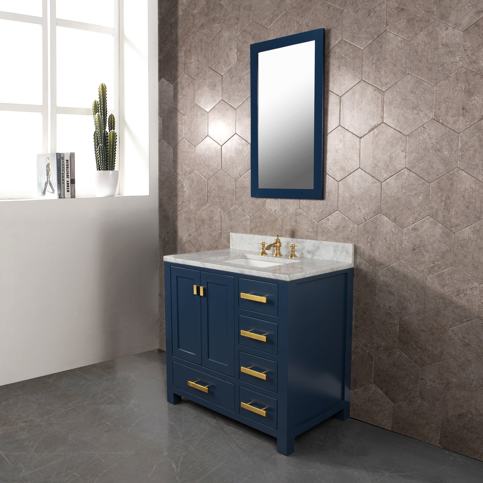 MADISON 36"W x 34"H Monarch Blue Single-Sink Vanity with Carrara White Marble Countertop + Faucets (F2-0013-06-FX)