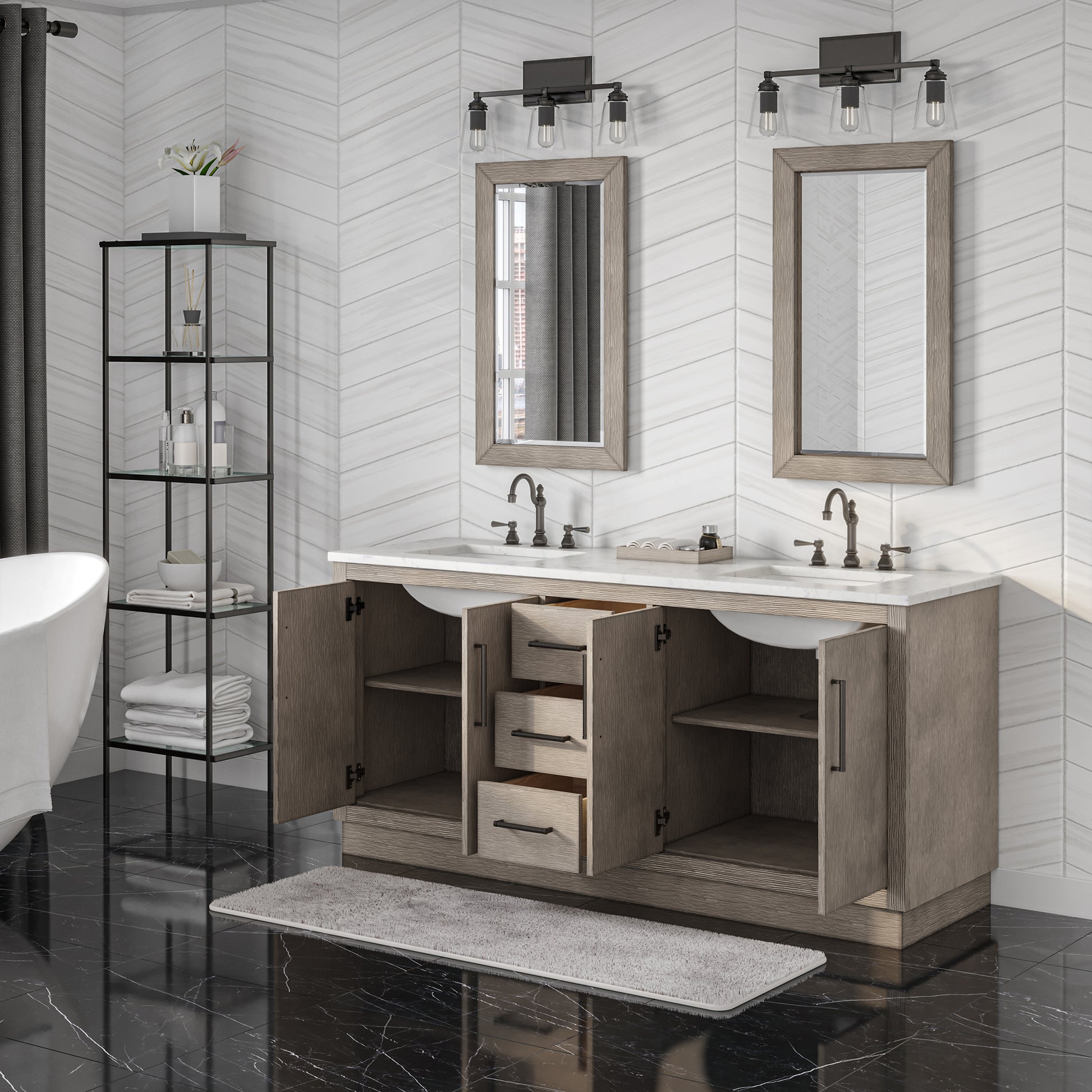 HUGO 72"W x 34.3"H Gray Oak Double-Sink Vanity with Carrara White Marble Countertop + Mirrors