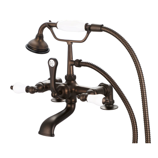 Vintage Classic 7" Spread Deck Mount Tub Faucet With 2" Risers & Handheld Shower in Oil Rubbed Bronze Finish, With Porcelain Lever Handles Without labels