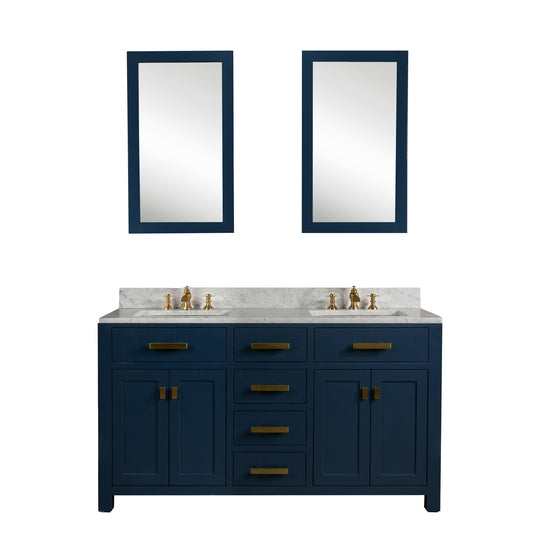 MADISON 60"W x 34"H Monarch Blue Double-Sink Vanity with Carrara White Marble Countertop + Faucets & Mirror (F2-0013-06-FX)